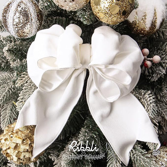 Ribbli White Velvet Wired Ribbon 4 Inch Velvet with Satin Christmas Ribbon for Gift Wrapping Christmas Tree Decoration Crafts Wreaths Supplies-Continuous 10 Yards