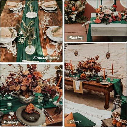 12 Pack 10Ft Cheesecloth Table Runner 35x120 Inch Boho Gauze Table Runner Rustic Cheese Cloth Long Romantic Table Runners for Wedding Bridal Shower Birthday Party Table Decor (Dark Green)