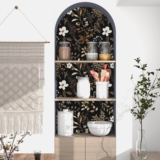Boho Floral Wallpaper Peel and Stick Black Gold Wallpapers 17.5'' x 393'' Vintage Gold Leaf Contact Paper for Cabinets Waterproof Self Adhesive Removable Wall Paper for Kitchen Table Countertop Walls
