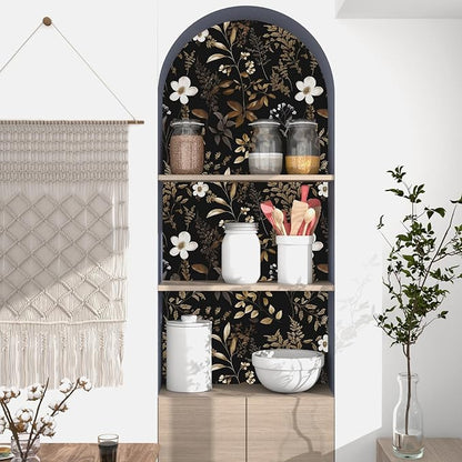 Boho Floral Wallpaper Peel and Stick Black Gold Wallpapers 17.5'' x 393'' Vintage Gold Leaf Contact Paper for Cabinets Waterproof Self Adhesive Removable Wall Paper for Kitchen Table Countertop Walls