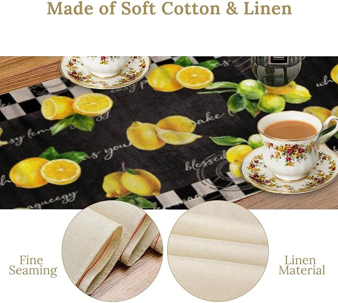 Lemon Table Runner, Summer Yellow Fruits Green Leaves Kitchen Dinning Table Decoration for Indoor Outdoor Home Party Decor 13x36 Inch