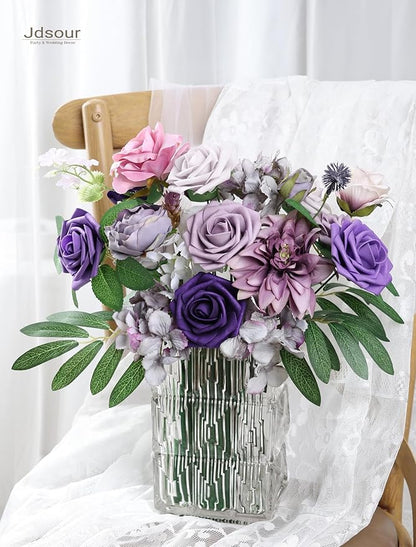 25pcs Artificial Flower，Real Looking Foam Roses w/Stem for DIY Wedding Bouquets Centerpieces Bridal Shower Party Decor-Shades of Series Purple