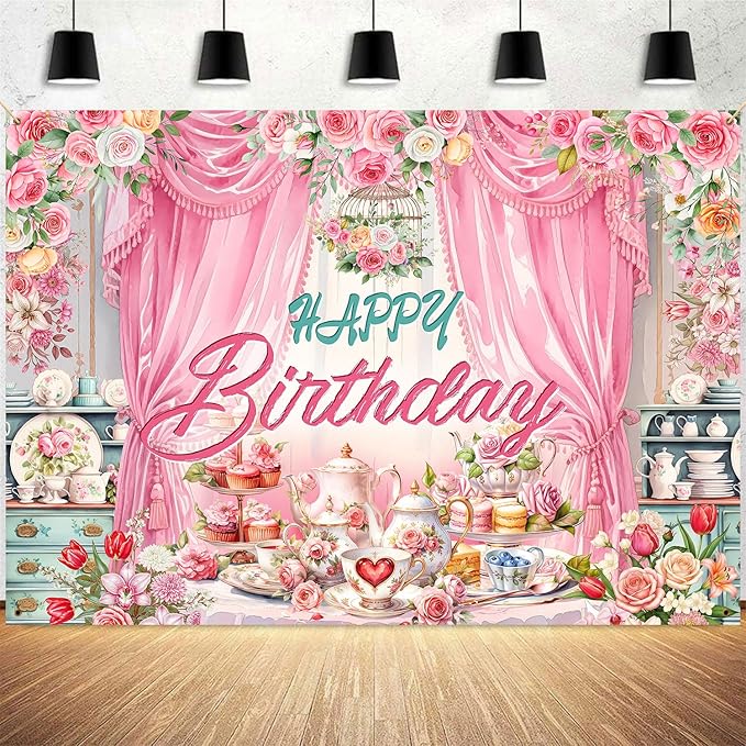 Tea Party Backdrop Let's Partea Happy Birthday Photography Background Wonderland Pink Rose Floral Teapot Women Tea Party Decor Banner Portrait Photo Booth Studio Props 10x7ft FU085YL