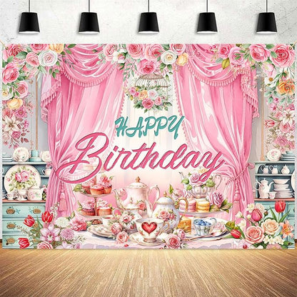 Tea Party Backdrop Let's Partea Happy Birthday Photography Background Wonderland Pink Rose Floral Teapot Women Tea Party Decor Banner Portrait Photo Booth Studio Props 10x7ft FU085YL