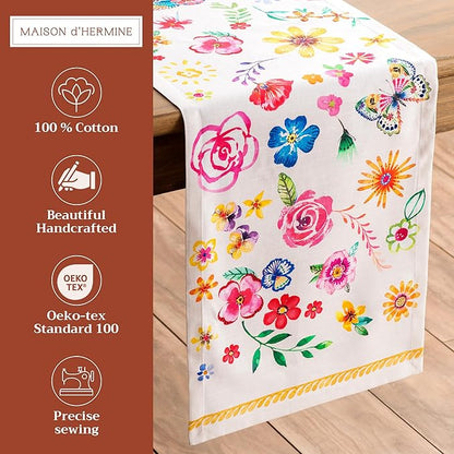 Maison d' Hermine Table Runner 100% Cotton Single Layer Table Runners 108 inches Long Decorative for Home Dining Party Wedding Bridal Shower Spring Summer (Happy Florals - Sweety, 14.50" x 108")