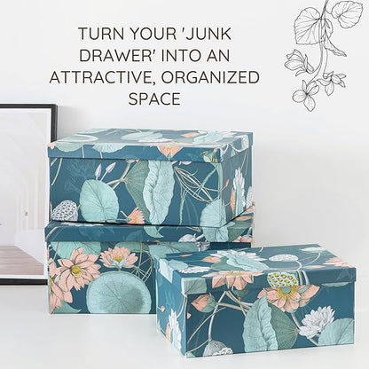 Soul & Lane Decorative Storage Cardboard Boxes with Lids | Enchanted Garden - Set of 3 | Bold Dark Moody Paperboard Nesting Boxes