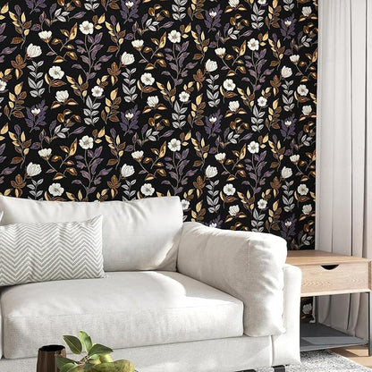 Dark Floral Wallpaper Peel and Stick Vintage Gold Leaf Contact Paper Black Floral Wallpaper Waterproof Self-Adhesive Wall Covering for Bedroom Countertop Desk Cabinets 17.4" x 393"