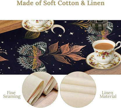 Gothic Moth Table Runner, Boho Gothic Floral Butterfly Sun Moon Mystical Witchy Starlight Coffee Table Center Decor for Home Kitchen Dining Patio Holiday Party Table Decorations 13x90 inches