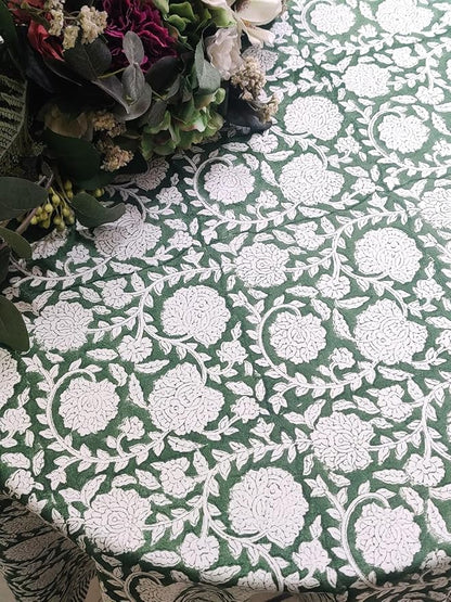 ATOSII Shalimar Green 100% Cotton Round Boho Fall Tablecloth, Handblock Floral Table Cloth Linen for Kitchen Dining I Parties Wedding Outdoors Christmas Thanksgiving I Fall Home Decor 60" Inches Round