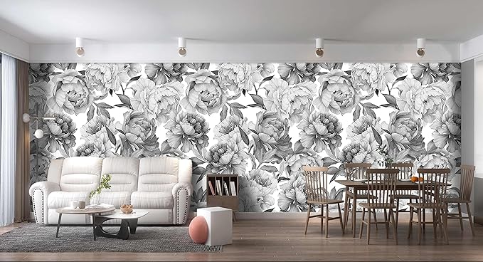 Grey Peony Floral Wallpaper Bedroom Black and White Botanical Flowers Leaf murals Aesthetic Room Decor Living Room tv Background Large Wall Mural - 274"x96" Not Peel and Stick