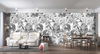 Grey Peony Floral Wallpaper Bedroom Black and White Botanical Flowers Leaf murals Aesthetic Room Decor Living Room tv Background Large Wall Mural - 274"x96" Not Peel and Stick