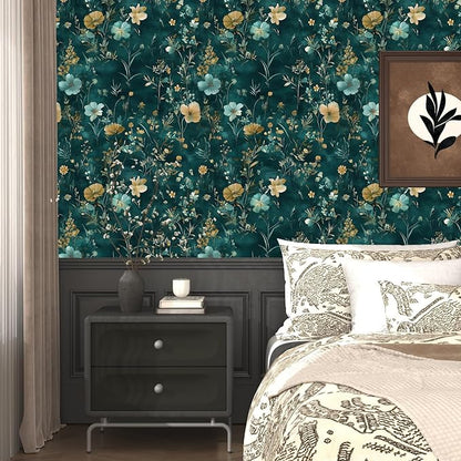 Teal/Blue/Yellow Floral Peel and Stick Wallpaper Boho Wallpaper 17.5"x118" Vintage Wildflowers Contact Paper Waterproof Self Adhesive Modern Stick on Wall Paper for Bedroom Walls Table Cabinet