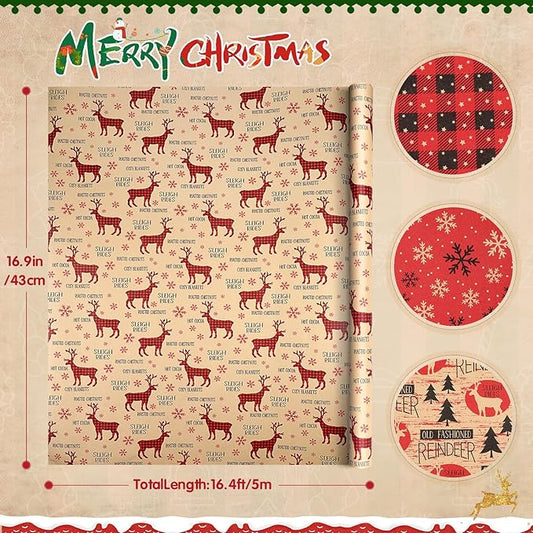Anvure Christmas Wrapping Paper (4 Rolls: 93 sq. ft total) 17 Inch*16.4 Feet Per Rolls, Xmas Kraft Set Designs with Plaid, Reindeer, Tree, Snowflake & Star Patterns Holiday Wrap for Gift