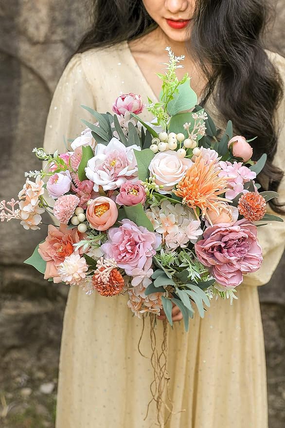 YYHUAWU Artificial Flowers Combo Set Fake Flower Leaf Box with Stems for DIY Wedding Bouquets Centerpieces Flower Arrangements Decorations Baby Shower Party Home Decorations Orange Pink