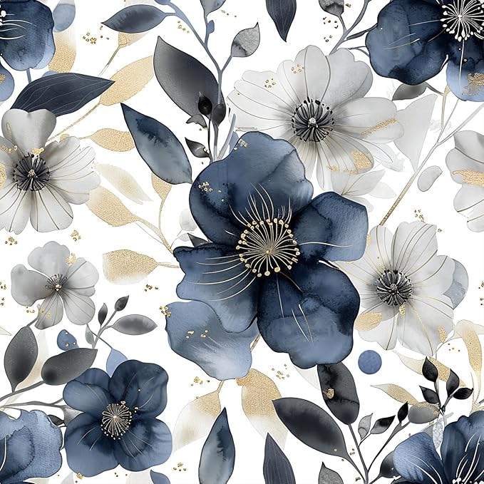 Floral Peel and Stick Wallpaper - Vintage Dark Blue/Gray Flower Removable Boho Wallpaper for Bedroom Bathroom - Renter Friendly Contact Paper - 17.71'x118.1'