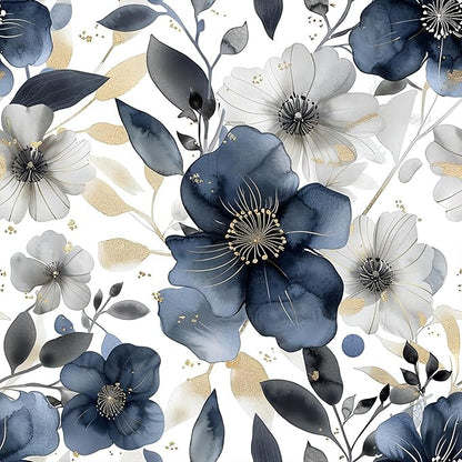 Floral Peel and Stick Wallpaper - Vintage Dark Blue/Gray Flower Removable Boho Wallpaper for Bedroom Bathroom - Renter Friendly Contact Paper - 17.71'x118.1'
