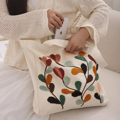 Aesthetic Embroidery Tote Bag for Lady Cute Reusable Canvas Shoulder Bag for Girls Women Shopping Grocery