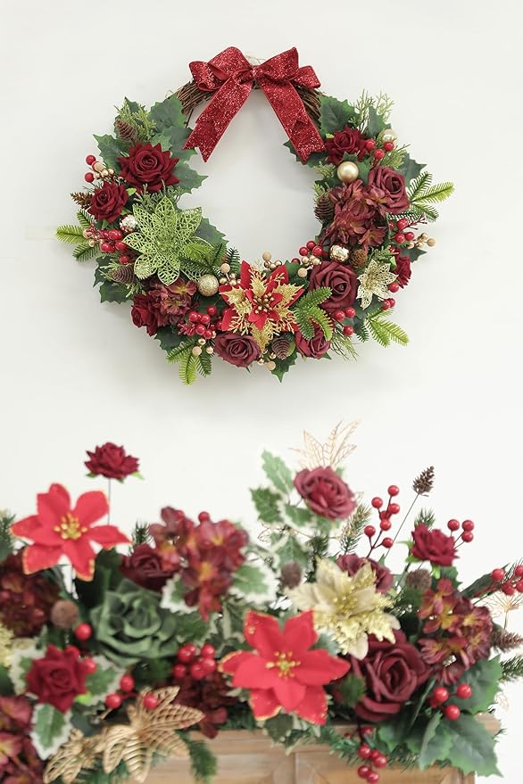 YYHUAWU Christmas Flowers Artificial,Poinsettias Artificial Christmas Flowers and Mix Silk Flowers Fake Roses Combo for DIY Wedding Bridal Bouquet, Centerpieces, Home, Floral Arrangement Decor, etc.
