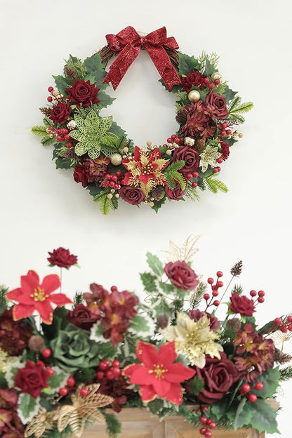 YYHUAWU Christmas Flowers Artificial,Poinsettias Artificial Christmas Flowers and Mix Silk Flowers Fake Roses Combo for DIY Wedding Bridal Bouquet, Centerpieces, Home, Floral Arrangement Decor, etc.