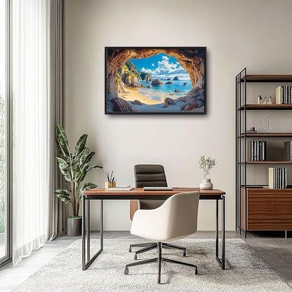 Beach Large Wall Art Rocky Cave Pictures Wall Decor Coastal Canvas Seascape Print Painting Modern Artwork Home Decoration for Living Room Bathroom Bedroom Office Framed 36"x24"