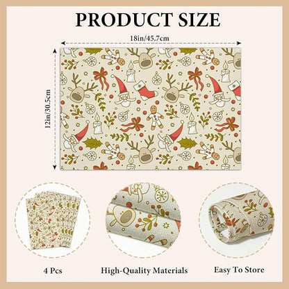 Santa Claus Elk Christmas Placemats Set of 4, Dining Mat Cotton Linen Waterproof Table Mats Decor Fabric for Christmas Holiday Kitchen Dinner Table, Washable Wipeable Placemat -N040