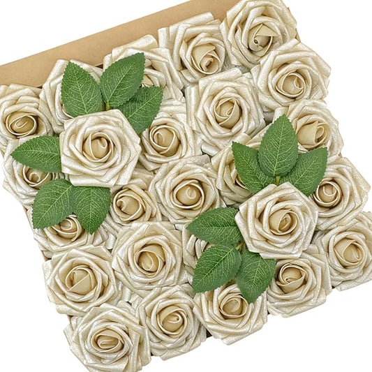 Artificial Flowers, 50pcs Champagne Light Gold Rose for DIY Wedding Bouquets Centerpieces Arrangements, Artificial Rose with Stem for Bridal Shower Party Home Decorations