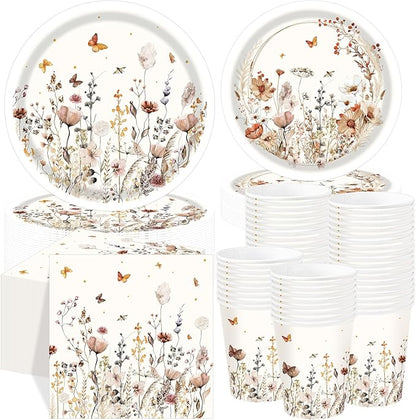 250 Pcs Wildflower Party Decorations Include Boho Autumn Fall Floral Paper Plates Napkins and Cups for Wildflower Baby Shower Tea Decorations, Serve 50 Guest