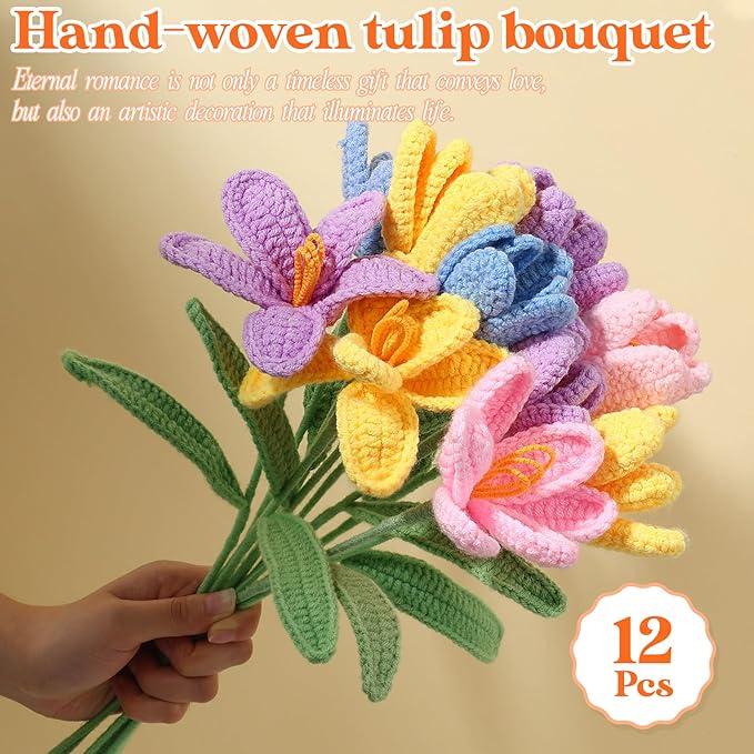 YoungJoy Crochet Rose 12 Pcs Handmade Knitted Flowers Tulip Sunflower Daisy Heart Artificial Knitted Floral Mother Day Graduation Home Decor(Tulip B)