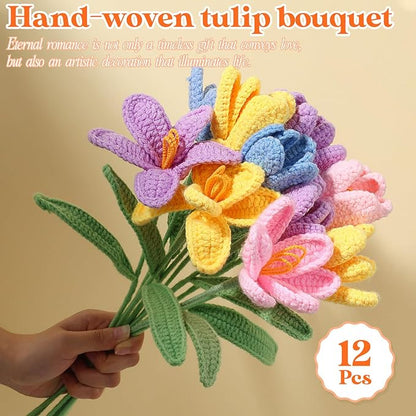 YoungJoy Crochet Rose 12 Pcs Handmade Knitted Flowers Tulip Sunflower Daisy Heart Artificial Knitted Floral Mother Day Graduation Home Decor(Tulip B)