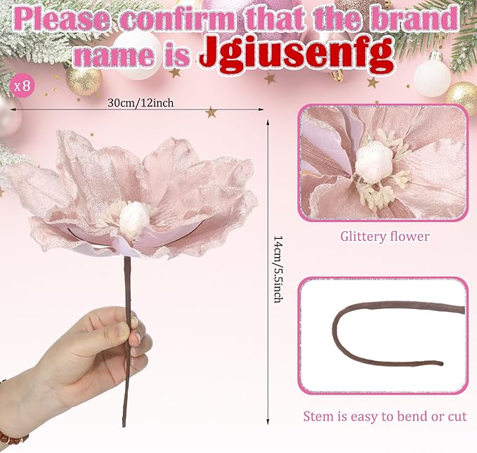 8 Pcs Large Christmas Flower Magnolia Flowers Christmas Tree Decoration Artificial Poinsettia Stems Velvet Xmas Ornaments for Xmas Tree Table Decor(Pink,12 Inch)