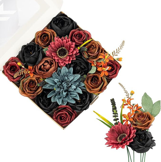 FANKO Artificial Flowers Black Rose: Mixed Fake Silk Flowers Combo Brown Rose Dusty Blue Dahlia Burgundy Sunflower Vintage for DIY Wedding Bridal Bouquets/Centerpieces/Home Decor
