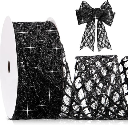 Geosar 20 Yards Black Mesh Glitter Wired Ribbon for Christmas Tree Decorations, Gift Wrapping, DIY Craft, Xmas Wreaths, Cabinet Decor (2.5 Inch)
