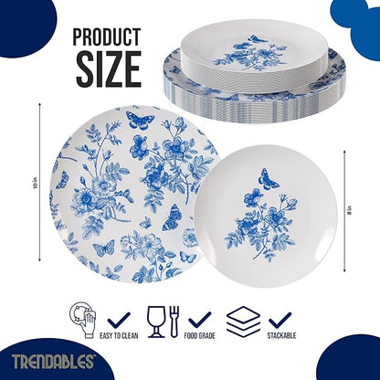 Trendables Plastic Plates For Party Supplies, Floral Disposable Plates For Party & Weddings 40 Pcs - 20 x 8 Dessert Plates & 20 x 10 Plastic Dinner Plates, Plate Set Disposable Dinnerware Sets