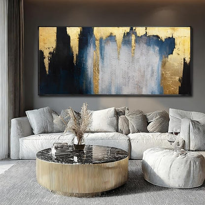 Modern Abstract Blue and Gold Framed Wall Art 32x70 Extra Large Canvas Painting Contemporary Artwork for Living Room Office Decoration