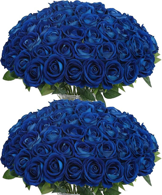 LFF Premium Artificial Royal Blue Roses - 50Pcs Realistic Velvet Faux Roses with Long Stems for Wedding Bouquets, Centerpieces, Proposals & Home Decor (Blue)