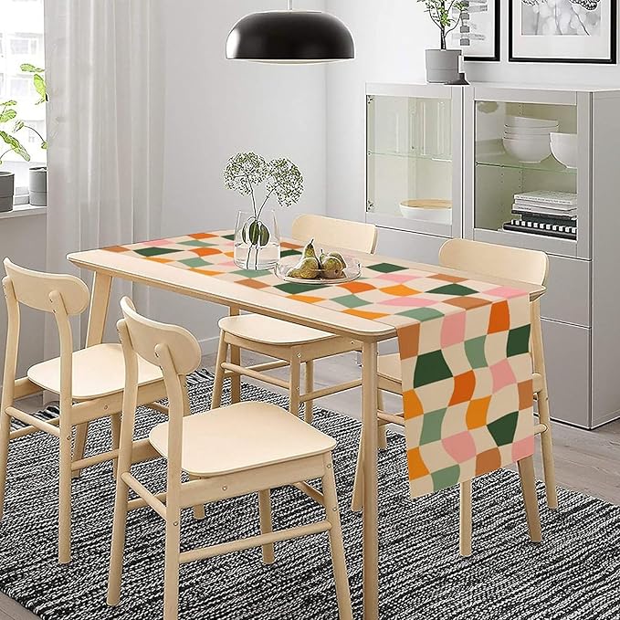 Hippie Table Runner, Vintage Geometric Square Orange Green Pink Grid 60s 70s Style Kitchen Dining Room Decor for Indoor Outdoor Wedding Party Table Runner 13x70 Inch