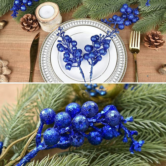 Blue Berries Picks, 14 Pack Artificial Berry Stems for Christmas Tree Decorations, Crafts, Holiday and Home Decor, 7.9 Inches (Dark Blue)