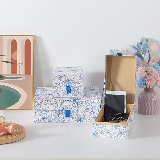 Soul & Lane Blue Floral Decorative Boxes with Hinged Lids and Blue Ribbon Pull - Sapphire Bloom, Set of 3 (One Large and Two Medium Boxes), Cardboard Storage for Photos, Documents, Keepsakes