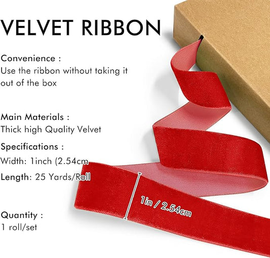Red Velvet Ribbon 1'' 25 Yards for Christmas Tree, Gift Wrapping, Flower Bouquet, Wreath Decorations, Bow Making