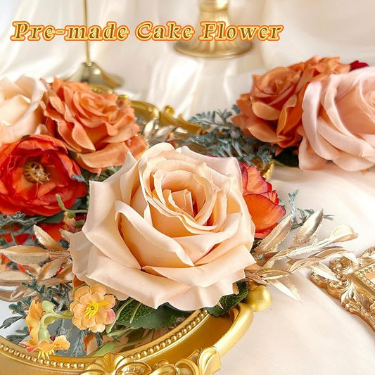 Pre-Made Burnt Orange Silk Flowers for Cakes Decorations Sunset Terracotta Artificial Rose Peony Fall Wedding Cake Toppers Decorating Fake Floral Rust Anniversary Birthday Party Arrangements Table