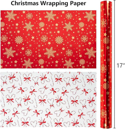 MAYPLUSS Christmas Wrapping Paper Roll - 17 Inch X 33 Feet - Gold Snowflake Star Reversible Candy Cane Gift Wrapping Paper, Thick Wrap Paper for Holiday Party New Year Kids