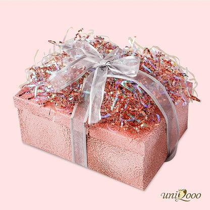 UNIQOOO 1/2 LB Metallic Iridescent Rose Gold Crinkle Cut Paper Shredded Filler, Rosy Pink Gold Grass Raffia Tissue, Strands Shred Craft Bedding Cushion Paper, for Christmas Wedding Mothers Day Bridesmaid Engagement Gift Boxes Bags Retail Decoration