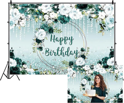 Renaiss 10x8ft Floral Happy Birthday Backdrop for Woman Fabric Green White Flowers Blooming Flower Photography Background Shinning Diamond Photo Backdrops for Birthday Party Supply