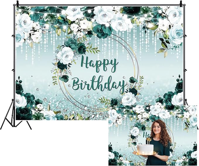 Renaiss 12x8ft Floral Happy Birthday Backdrop for Woman Fabric Green White Flowers Blooming Flower Photography Background Shinning Diamond Photo Backdrops for Birthday Party Supply