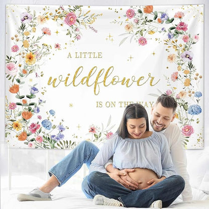 MEHOFOND 7x5ft Wildflower Baby Shower Decorations Banner A Little Wildflower is On The Way Baby Shower Backdrop Floral Theme Baby Girls' New Born Photoshoot Background