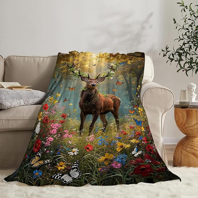 Forest Deer Blanket Hunting Elk Throw Blanket Wildlife Soft Cozy Fleece Fuzzy Stuffed Plush Flannel Gifts for Girls Women Boys Kids Adults 40''x50''
