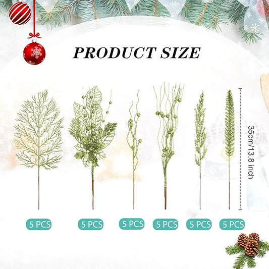 30 Pcs Artificial Christmas Tree Picks and Sprays Glitter Berry Stem Branches Holly Floral Picks Twigs Christmas Tree Ornaments for DIY Xmas Wreath Vase Filler Decorations (Green)