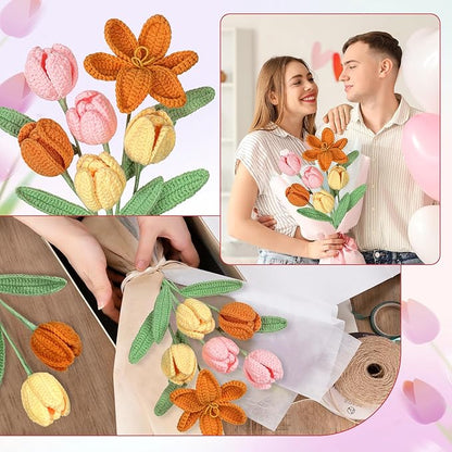 Dremisland Crochet Flowers 6PCS Crochet Tulips Finished Handmade Knitted Flowers Crocheted Bouquets Pastel Floral Gift for Mothers Girls Friends Teacher Gifts for Women,Graduation Flower Home Decor