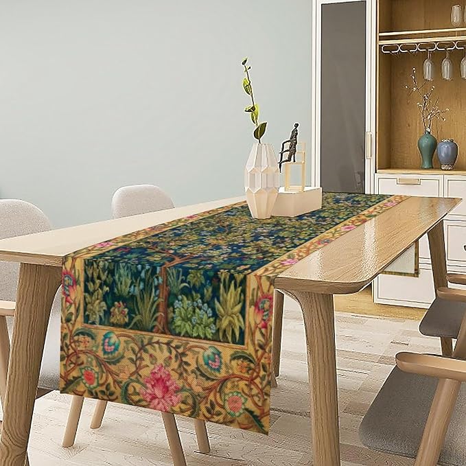 William Morris Table Runner, Boho Rustic Ethnic Tree of Life Flower Original Design Print Table Runner for Home Party Dining Room Kitchen Decor 13x70 Inch