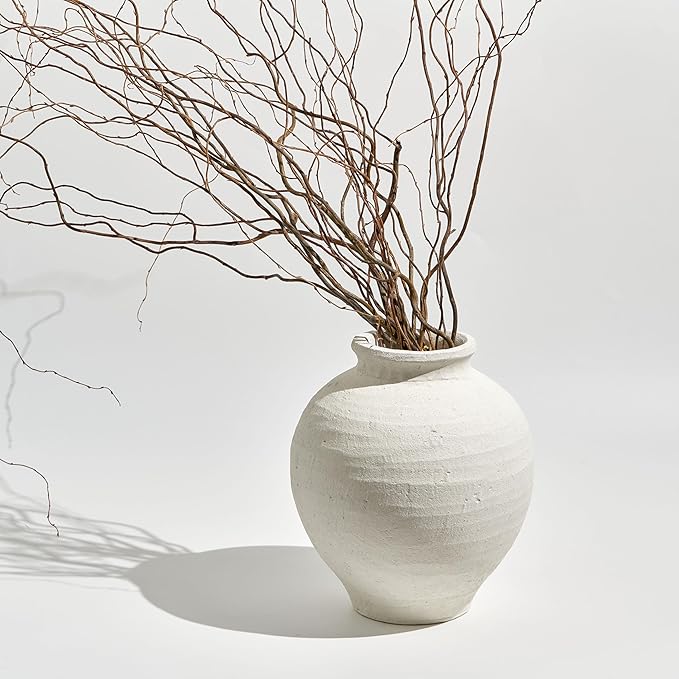 LB2 White Ceramic Large Vase, 11.8" Tall Zen Style vase, Terra Cotta Pitcher Vase, Distressed Farmhouse Decor, Pottery Decorative Flower for Home Decor (C - White 11.8")